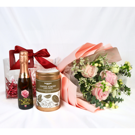 Forever Yours: Bouquet, Wine & Chocolates Gift Set | V Day 2025