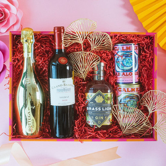 Sage and gifts CNY hamper with wine, brass lion gin and calmex abalone